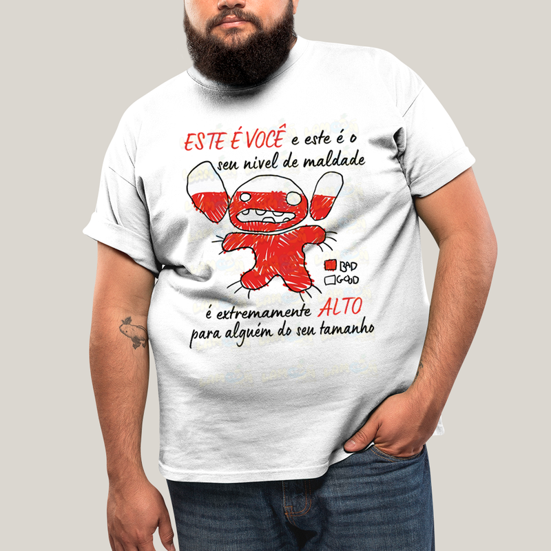 Camiseta Plus Size Algodão Unissex T shirt Lilo & Stitch Seu Nível de Maldade