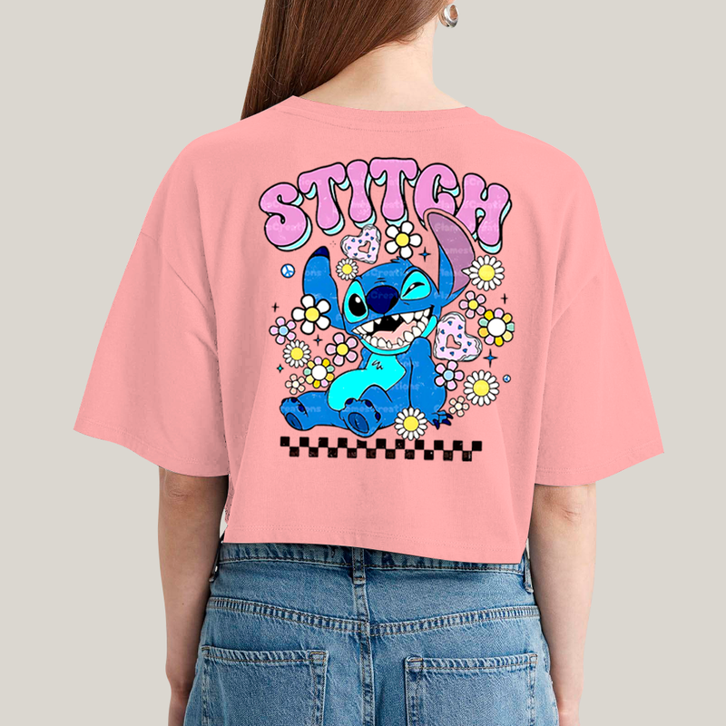 Cropped Oversized Algodão Unissex T shirt Lilo & Stitch Piscando FC