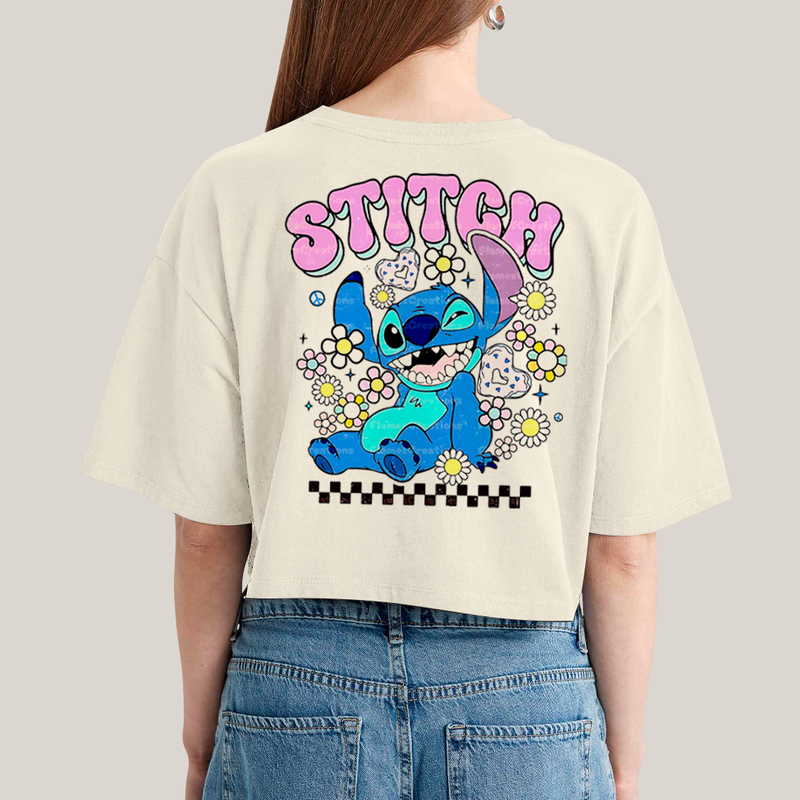Cropped Oversized Algodão Unissex T shirt Lilo & Stitch Piscando FC