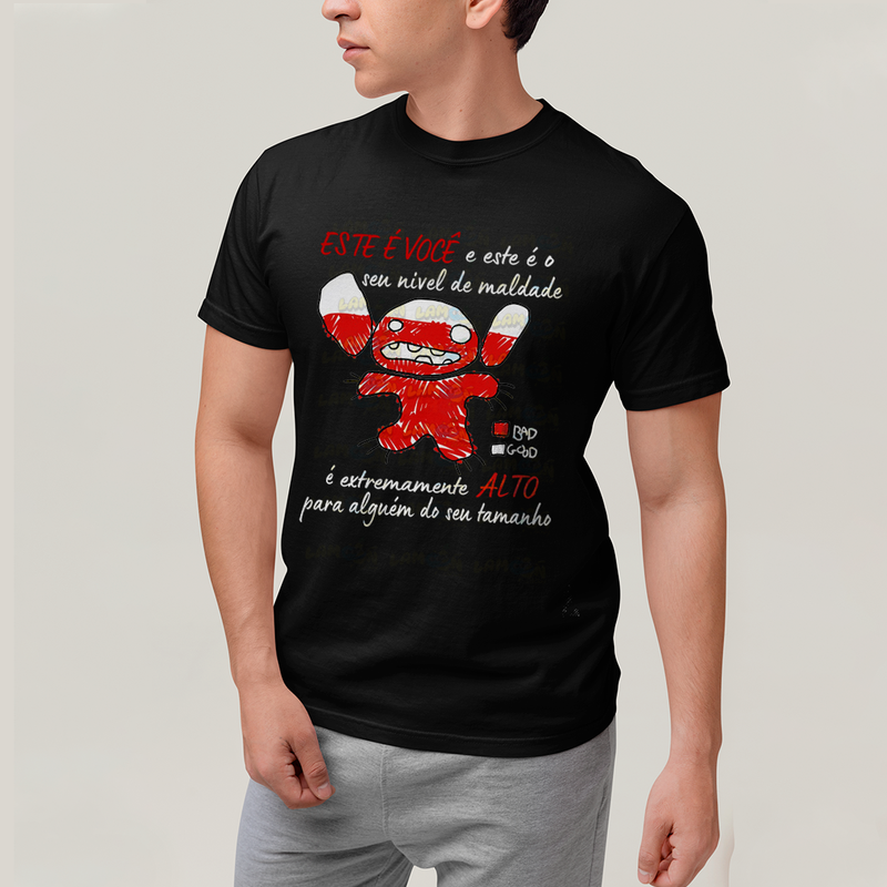 Camiseta Algodão Unissex T shirt Lilo & Stitch Seu nível de maldade