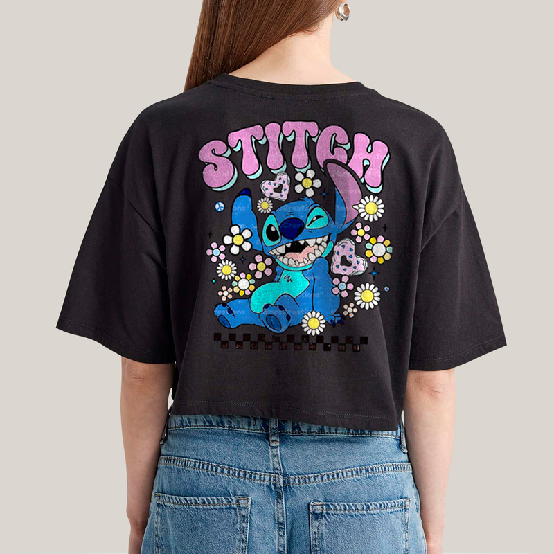 Cropped Oversized Algodão Unissex T shirt Lilo & Stitch Piscando FC