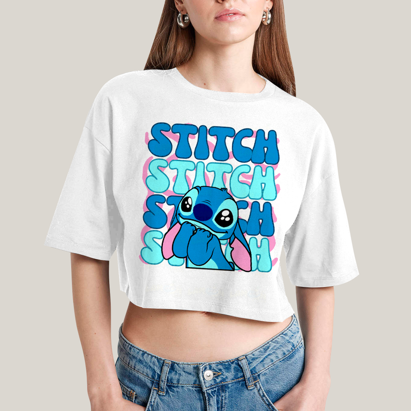 Cropped Oversized Algodão Unissex T shirt Lilo & Stitch Orelha Caida
