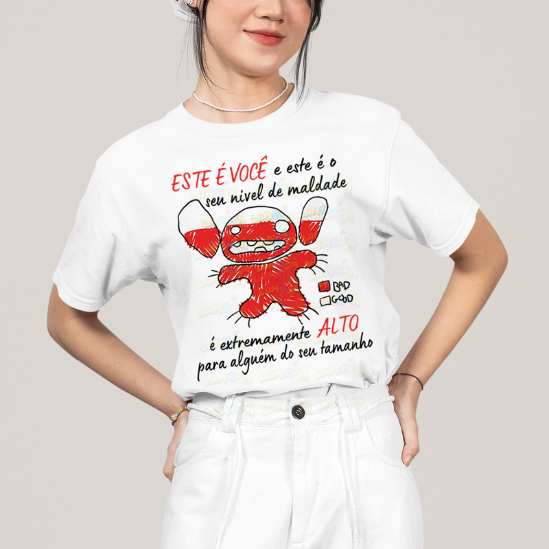 Camiseta Algodão Unissex T shirt Lilo & Stitch Seu nível de maldade