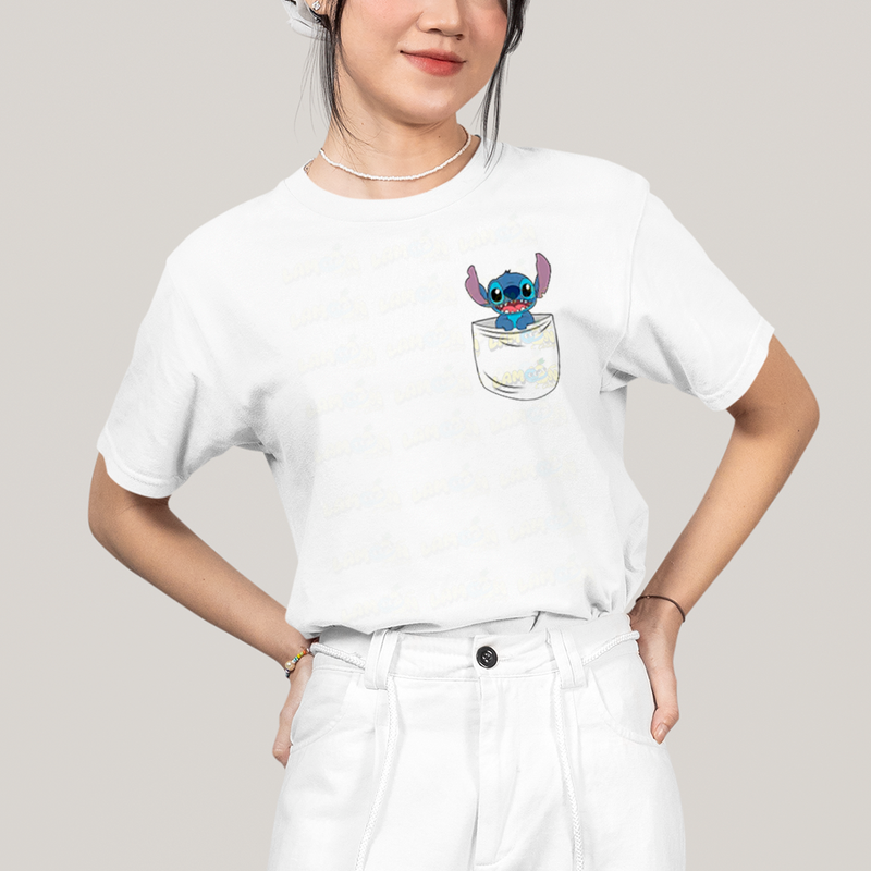 Camiseta Algodão Unissex T shirt Lilo & Stitch Bolso