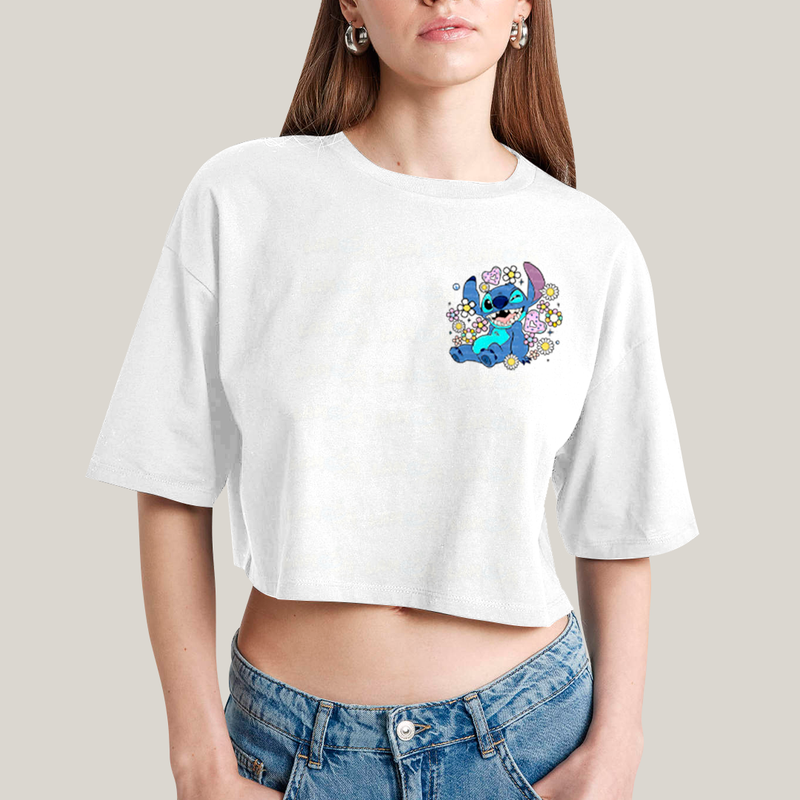 Cropped Oversized Algodão Unissex T shirt Lilo & Stitch Piscando FC