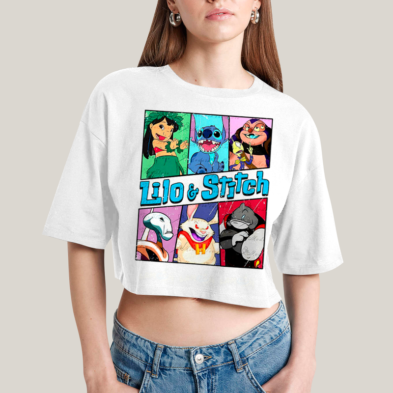 Cropped Oversized Algodão Unissex T shirt Lilo & Stitch Alienigenas