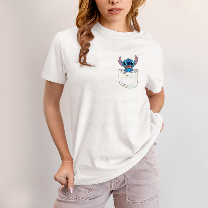 Camiseta Algodão Unissex T shirt Lilo & Stitch Bolso F/C