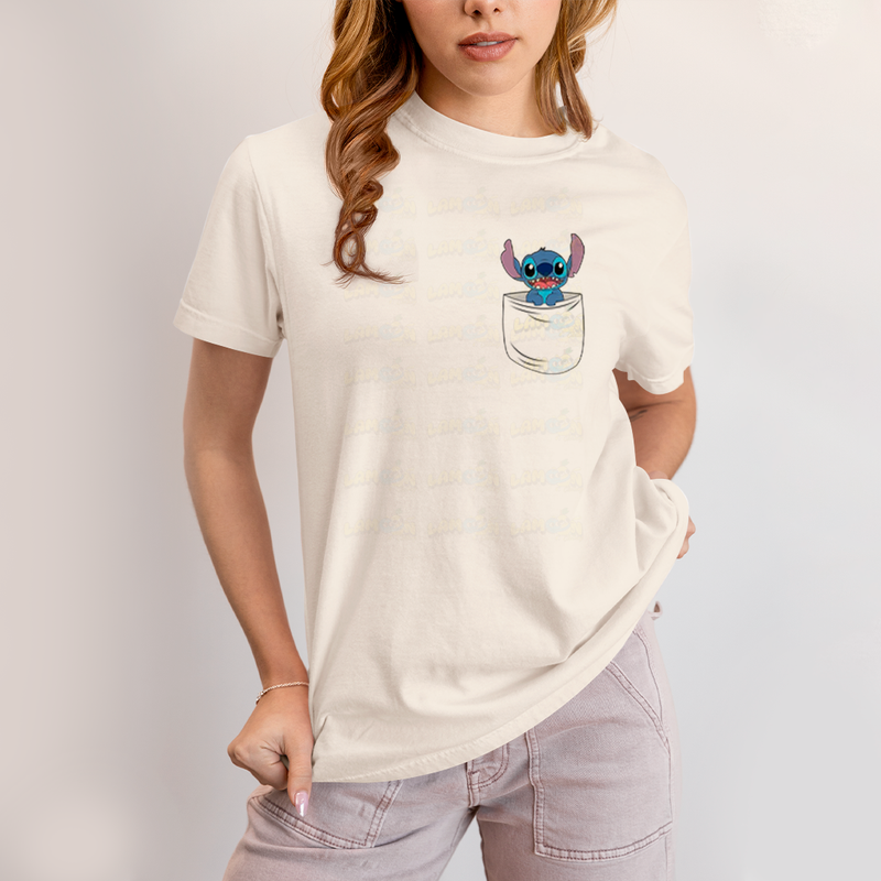 Camiseta Algodão Unissex T shirt Lilo & Stitch Bolso F/C