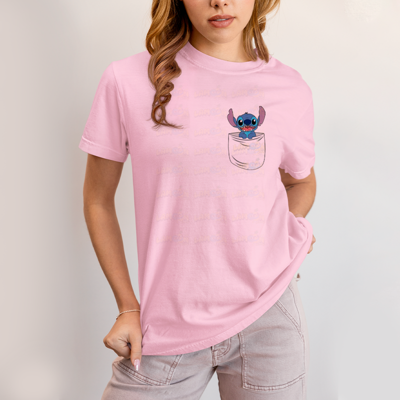 Camiseta Algodão Unissex T shirt Lilo & Stitch Bolso F/C