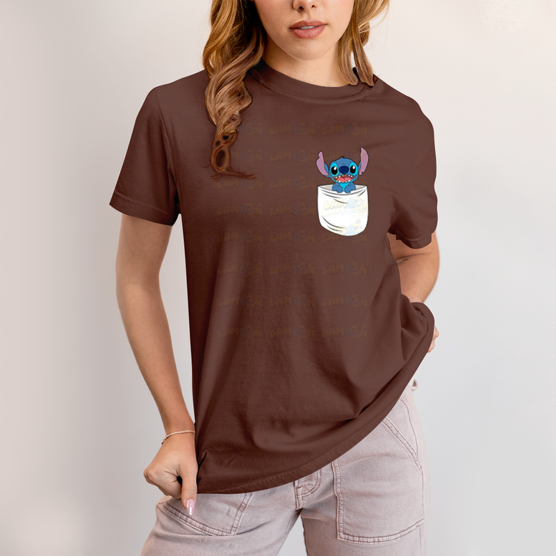 Camiseta Algodão Unissex T shirt Lilo & Stitch Bolso F/C