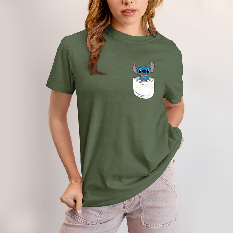 Camiseta Algodão Unissex T shirt Lilo & Stitch Bolso F/C