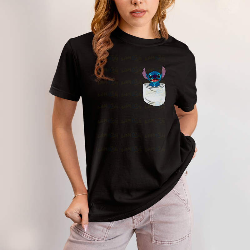 Camiseta Algodão Unissex T shirt Lilo & Stitch Bolso F/C