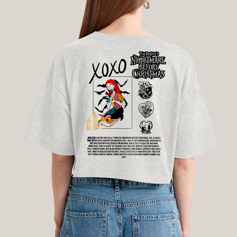 Cropped Oversized Algodão Unissex T shirt Jack Skellington & Sally BFF ou casal FC