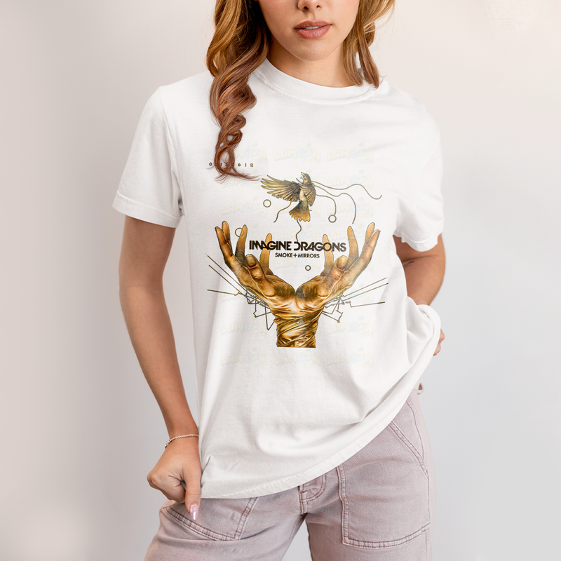 Camiseta Algodão Unissex T shirt - Imagine Dragons Smoke e Mirrors amarelo passaro maos