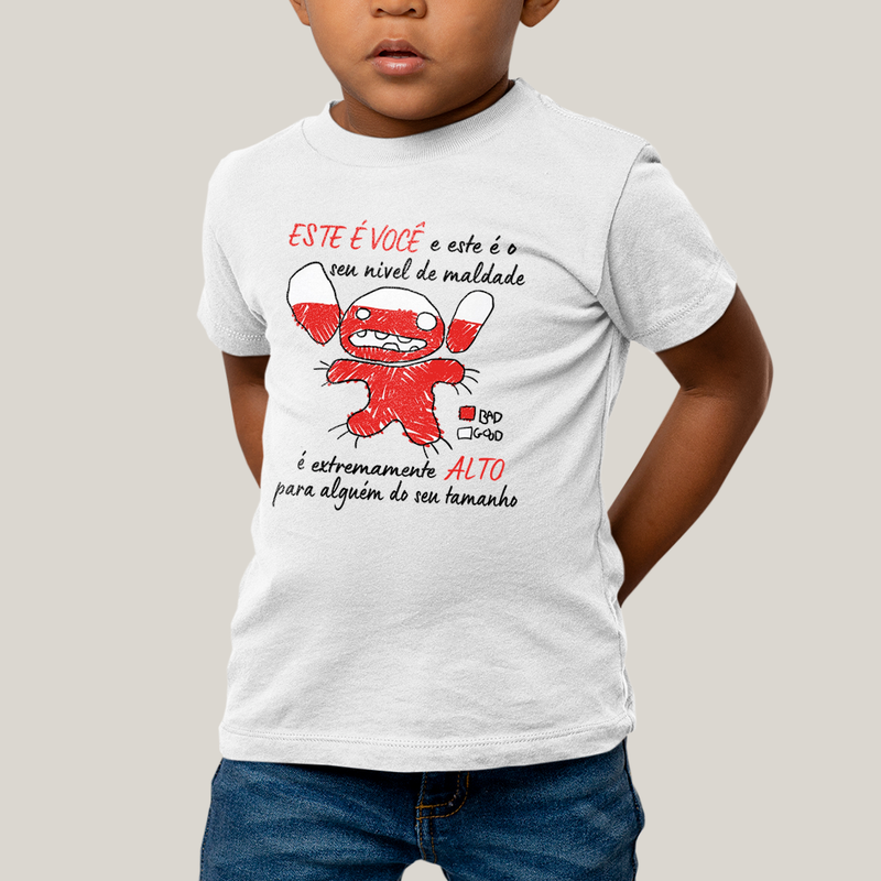 Camiseta Infantil Algodão Unissex T shirt Lilo & Stitch Seu Nível de Maldade