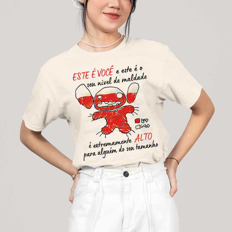 Camiseta Algodão Unissex T shirt Lilo & Stitch Seu nível de maldade