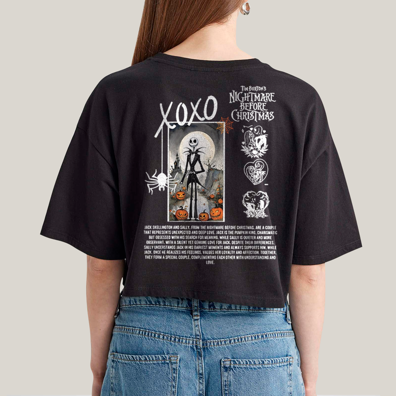 Cropped Oversized Algodão Unissex T shirt Jack Skellington & Sally BFF ou casal FC