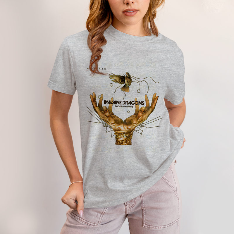 Camiseta Algodão Unissex T shirt - Imagine Dragons Smoke e Mirrors amarelo passaro maos
