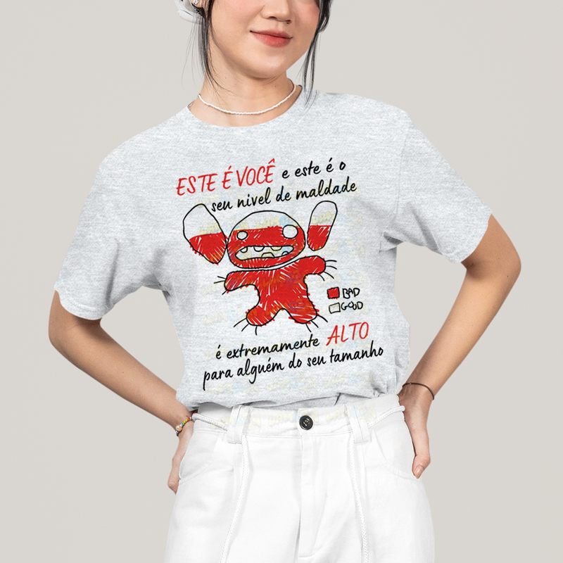Camiseta Algodão Unissex T shirt Lilo & Stitch Seu nível de maldade