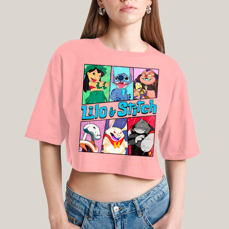 Cropped Oversized Algodão Unissex T shirt Lilo & Stitch Alienigenas