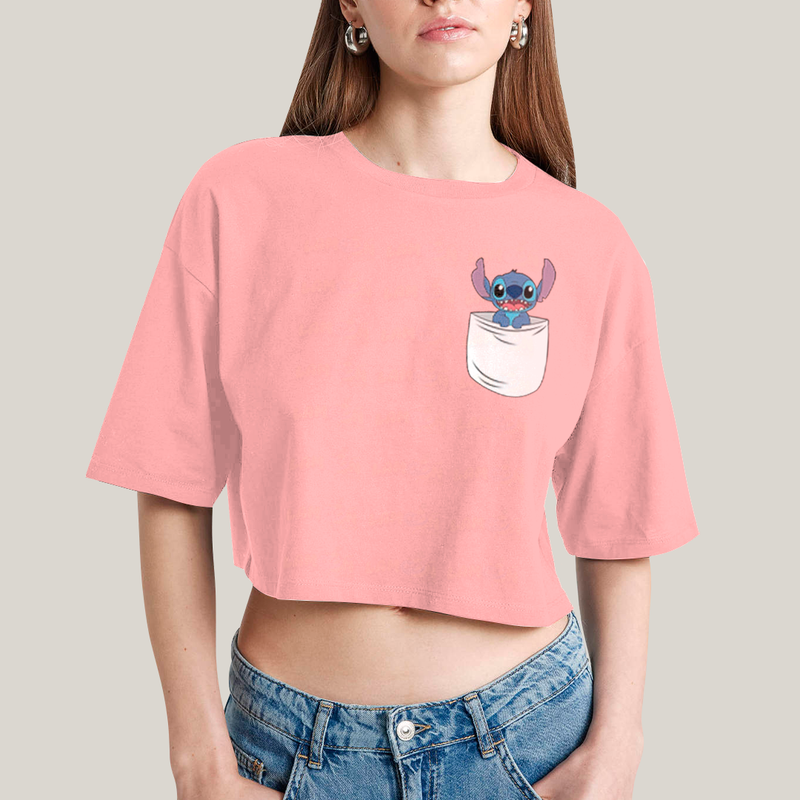 Cropped Oversized Algodão Unissex T shirt Lilo & Stitch Orelha Caida FC