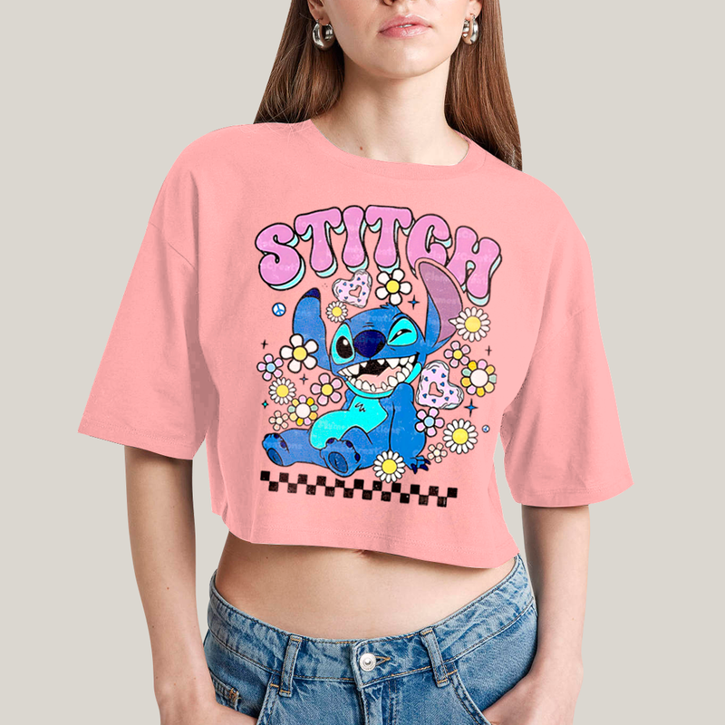 Cropped Oversized Algodão Unissex T shirt Lilo & Stitch Piscando