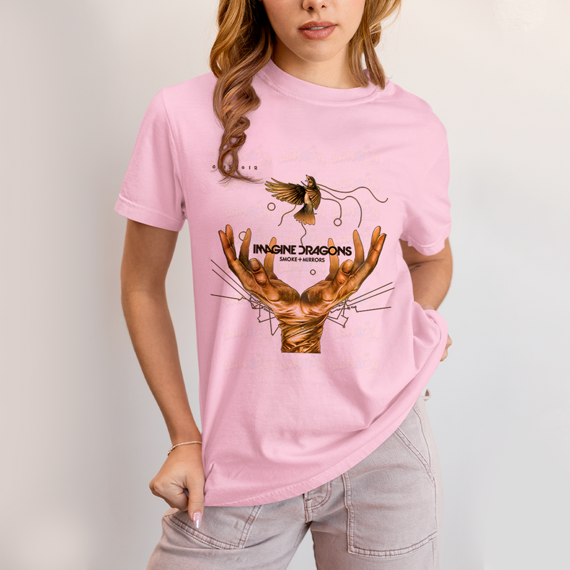 Camiseta Algodão Unissex T shirt - Imagine Dragons Smoke e Mirrors amarelo passaro maos