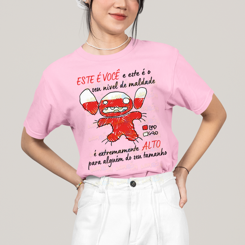 Camiseta Algodão Unissex T shirt Lilo & Stitch Seu nível de maldade