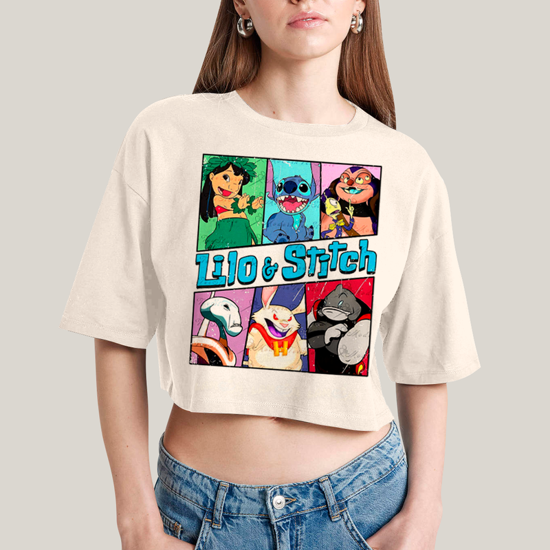 Cropped Oversized Algodão Unissex T shirt Lilo & Stitch Alienigenas