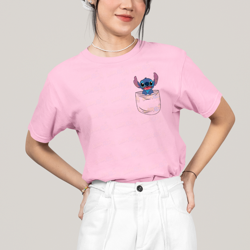 Camiseta Algodão Unissex T shirt Lilo & Stitch Bolso