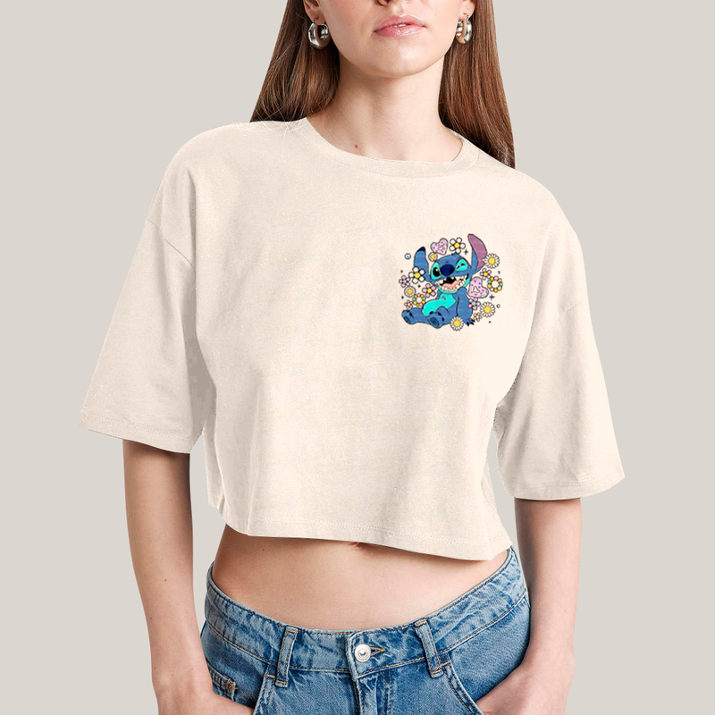 Cropped Oversized Algodão Unissex T shirt Lilo & Stitch Piscando FC