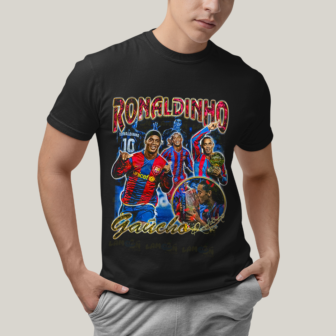 Camiseta Algodão Unissex T shirt Graphic Tee Ronaldinnho Gaúcho O Bruxo Jogador de Futebol Ronaldo