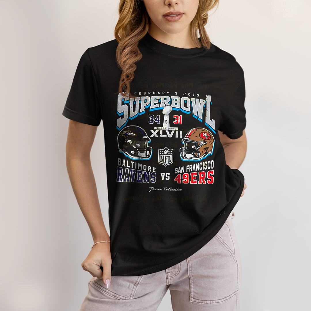 Camiseta Algodão Unissex T shirt - Superbowl Baltimore Ravens vs San Francisco 49ers futebol americano