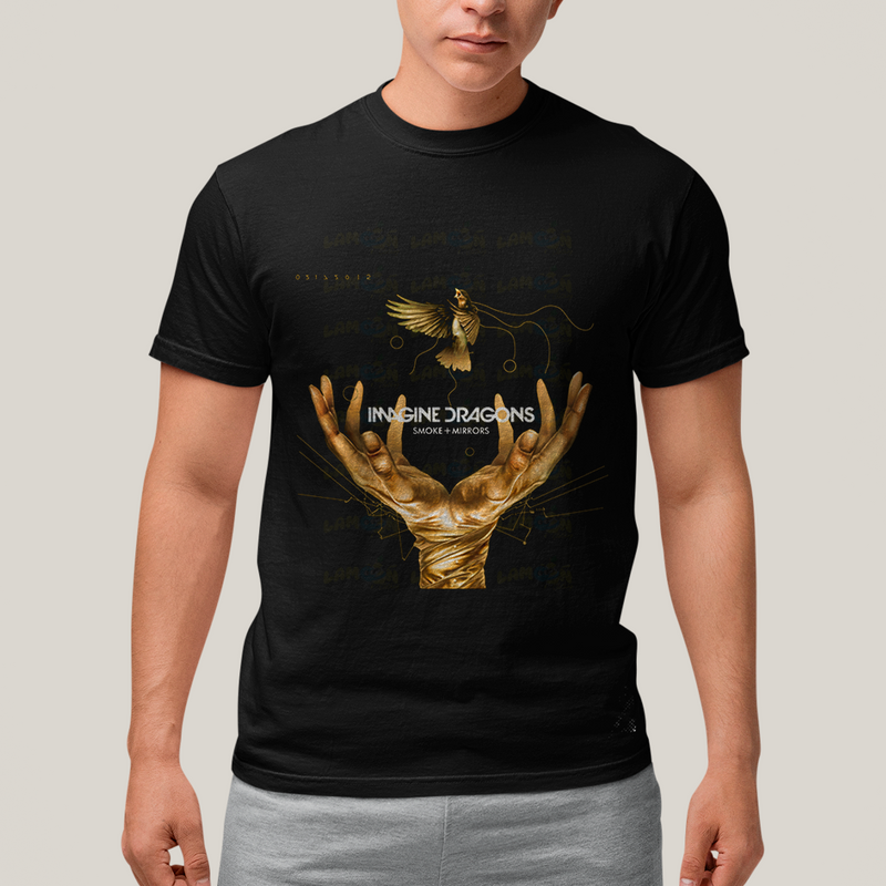 Camiseta Algodão Unissex T shirt - Imagine Dragons Smoke e Mirrors amarelo passaro maos