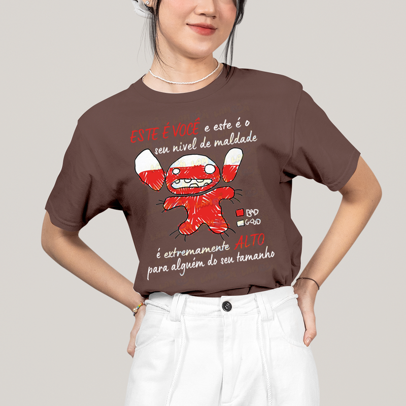 Camiseta Algodão Unissex T shirt Lilo & Stitch Seu nível de maldade