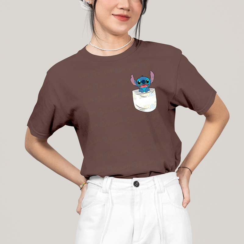 Camiseta Algodão Unissex T shirt Lilo & Stitch Bolso