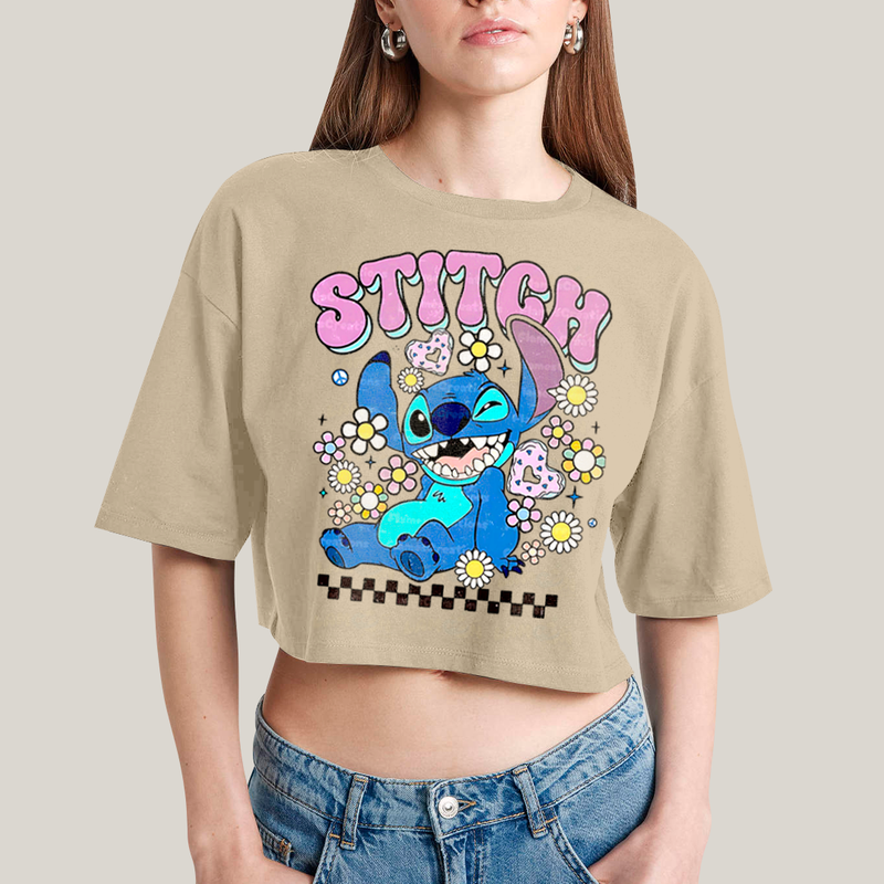 Cropped Oversized Algodão Unissex T shirt Lilo & Stitch Piscando