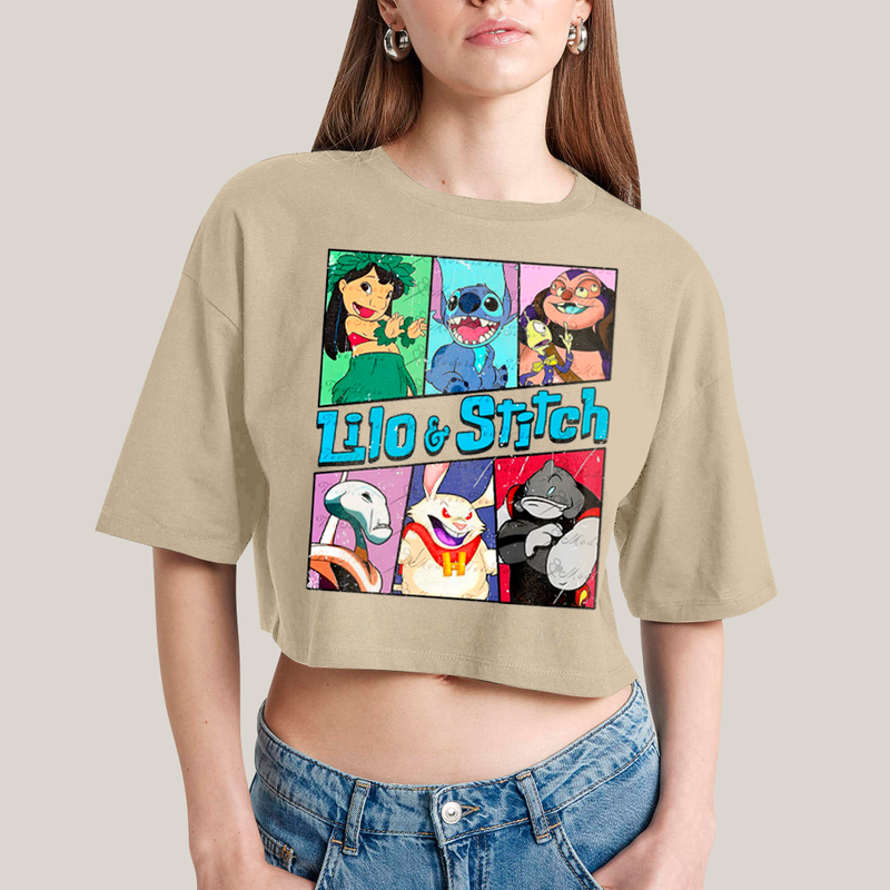 Cropped Oversized Algodão Unissex T shirt Lilo & Stitch Alienigenas
