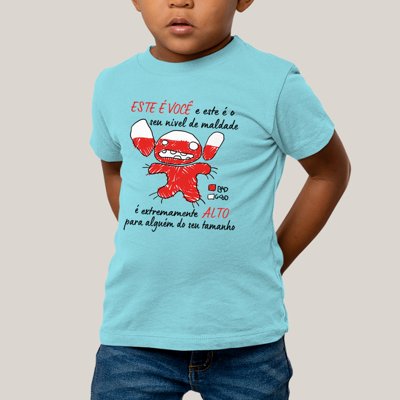 Camiseta Infantil Algodão Unissex T shirt Lilo & Stitch Seu Nível de Maldade