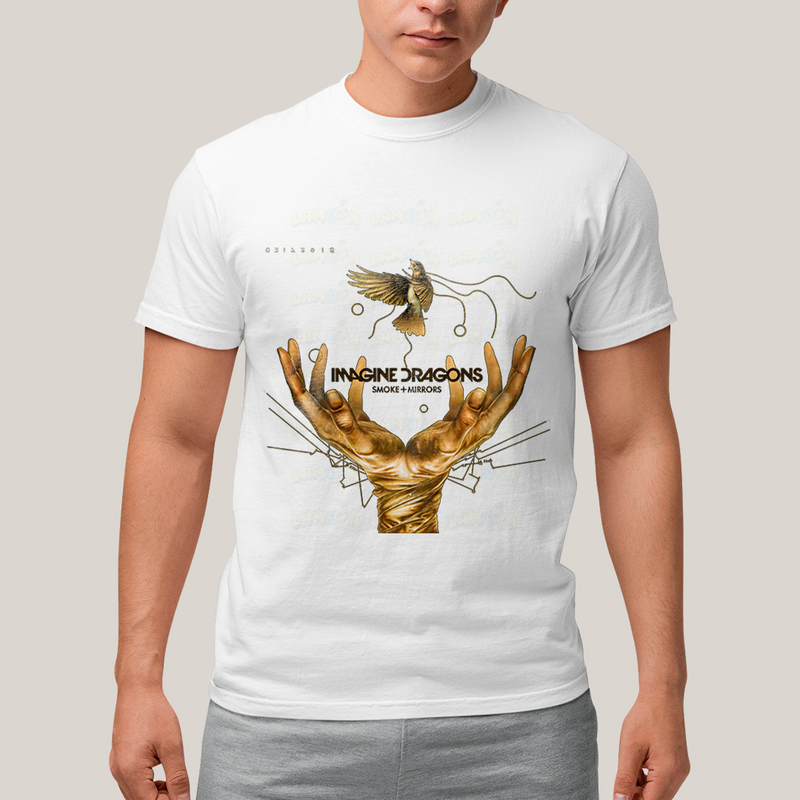 Camiseta Algodão Unissex T shirt - Imagine Dragons Smoke e Mirrors amarelo passaro maos