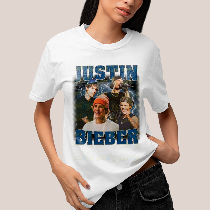 Camiseta Algodão Unissex T shirt Graphic Tee Justin Bieber Azul