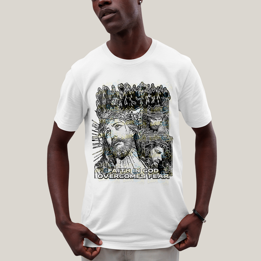 Camiseta Algodão Unissex T shirt Jesus Cristo Faith In God overcomes fear