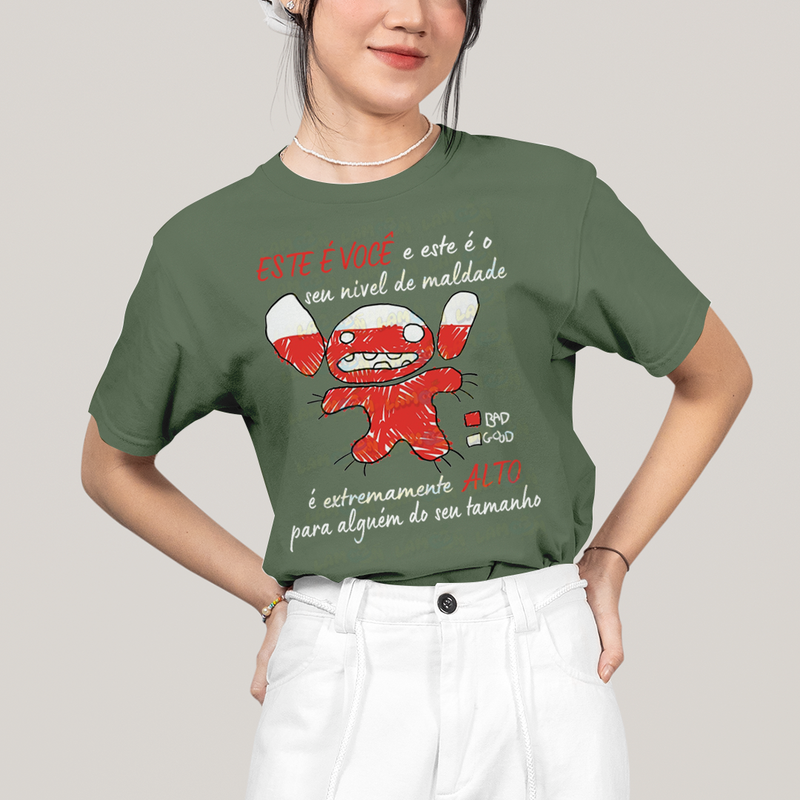 Camiseta Algodão Unissex T shirt Lilo & Stitch Seu nível de maldade