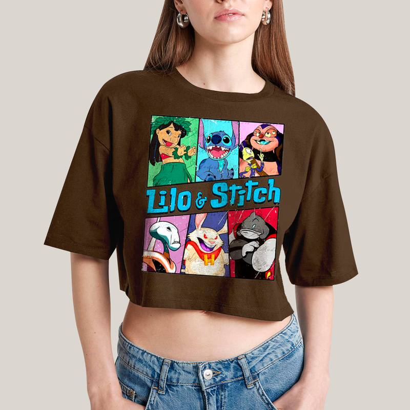 Cropped Oversized Algodão Unissex T shirt Lilo & Stitch Alienigenas