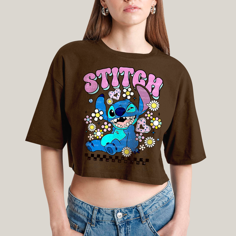 Cropped Oversized Algodão Unissex T shirt Lilo & Stitch Piscando