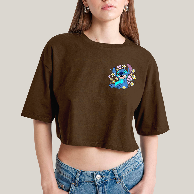Cropped Oversized Algodão Unissex T shirt Lilo & Stitch Piscando FC