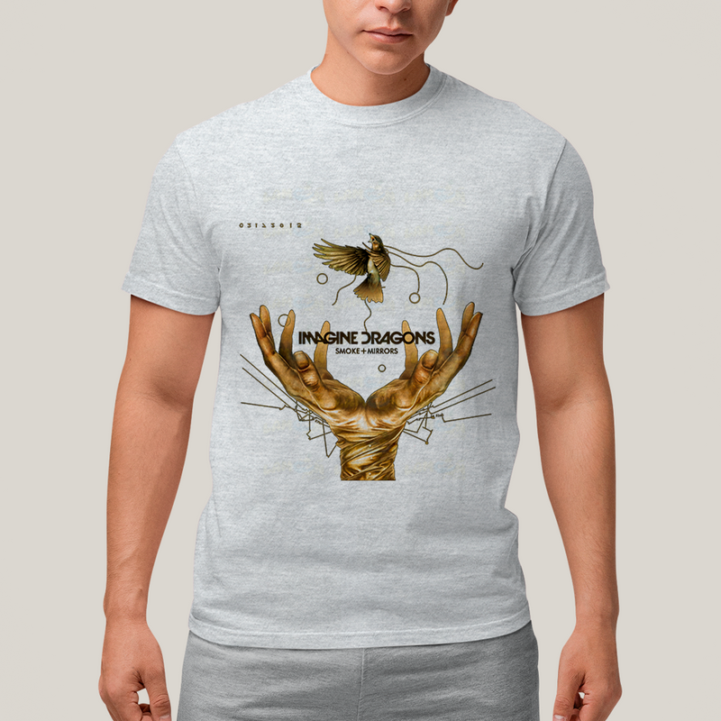 Camiseta Algodão Unissex T shirt - Imagine Dragons Smoke e Mirrors amarelo passaro maos