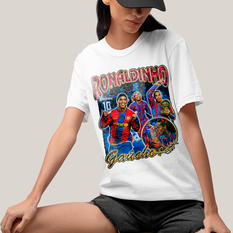 Camiseta Algodão Unissex T shirt Graphic Tee Ronaldinnho Gaúcho O Bruxo Jogador de Futebol Ronaldo