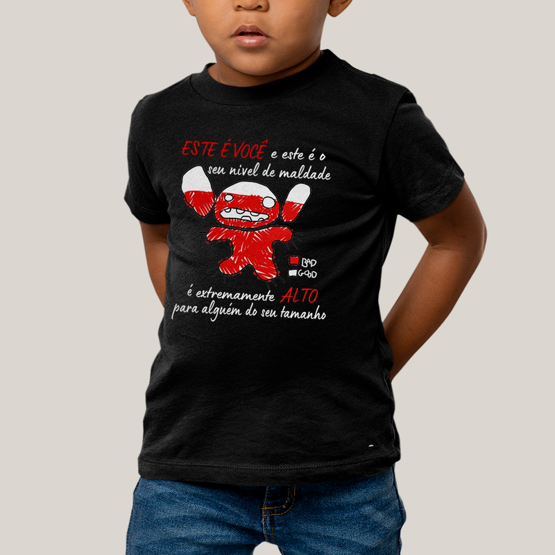 Camiseta Infantil Algodão Unissex T shirt Lilo & Stitch Seu Nível de Maldade
