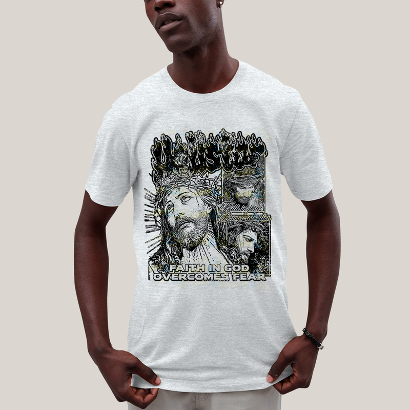 Camiseta Algodão Unissex T shirt Jesus Cristo Faith In God overcomes fear